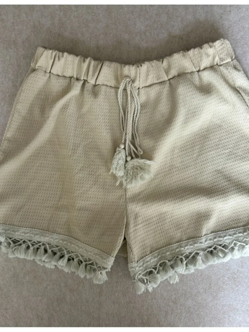 Womens XL Off White Fringe Shorts Boho Tie Waist Casual Summer Festival